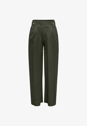 Pantalones de mujer de cintura alta en verde oliva con piernas anchas, bolsillos delanteros y botones decorativos en la cintura.