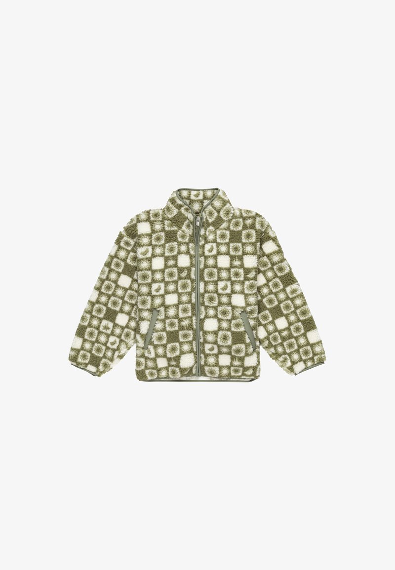 Vihreäoliivinvärinen ja kerma-valkoinen ruutukuosi fleece-takki, jossa on vetoketjukiinnitys, pystykaulus ja kaksi sivutaskua. Pehmeä rakenne, ylisuuria mitoituksia.