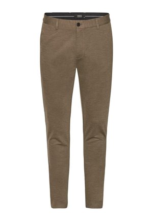 Braune, schmal geschnittene Hose aus einem strukturierten Strickstoff, mit einem einzelnen Knopfverschluss und Gürtelschlaufen. Glatte Oberfläche mit minimalen Akzenten.