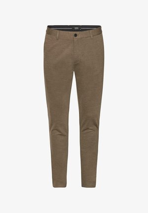 Rudos, lieknos kelnės, pagamintos iš tekstūruoto mezgimo audinio, su vienu mygtuko uždarymu ir diržo kilputėmis. Lygi paviršius su minimaliais akcentais.