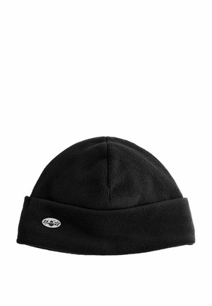 Bonnet en polaire noir avec un revers, présentant un petit patch logo en forme circulaire. Texture douce et forme de sommet arrondi.