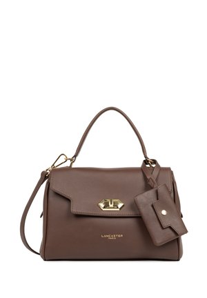Brown leather handbag with a structured shape, gold hardware, and a detachable cardholder. Features a top handle and subtle branding on the front.