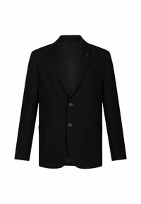 Sacou negru cu un singur sân, cu rever în formă de notch, două butoane, două buzunare frontale și un buzunar pe piept, pe un fundal alb.
