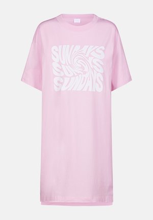 Roze oversized t-shirt van katoen, met een spiraalvormig grafisch ontwerp in witte tekst dat "SUNDAYS" meerdere keren herhaalt.