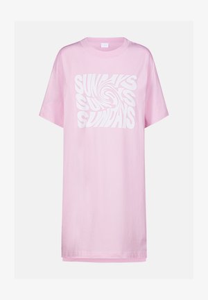 Rosa übergroßes T-Shirt aus Baumwolle mit einem spiralförmigen Grafikdesign in weißer Schrift, auf dem mehrfach "SUNDAYS" steht.
