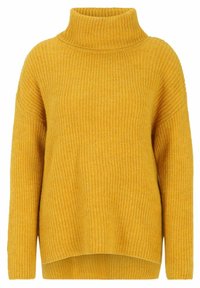 Överdimensionerad gul polotröja, ribbad textur, långa ärmar och en något rundad fåll för en avslappnad passform. Mjuk stickad kvalitet.