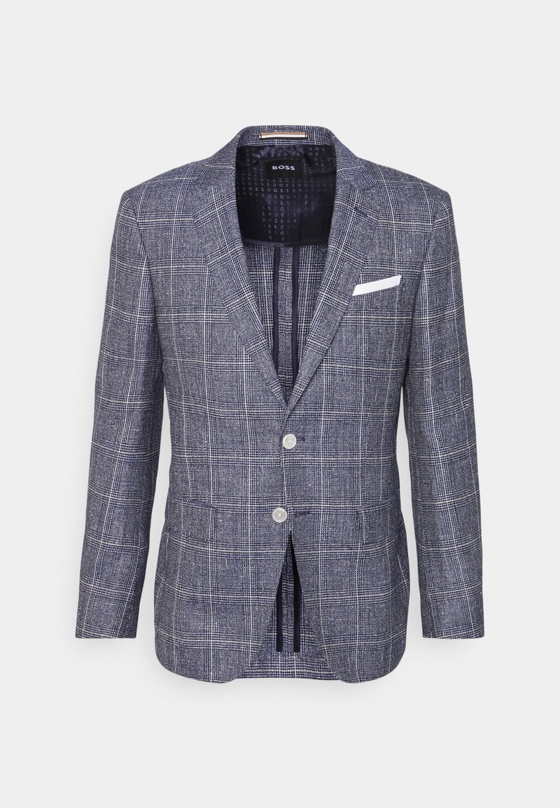 Marinblå blazer med rutmönster, två knappar, snittade slag och en vit fickruta. Strukturerad tyg med skräddarsydd passform.