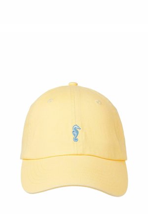Geel katoenen honkbalpetje met een gebogen klep en een blauw geborduurd zeepaardjeslogo aan de voorkant. Voorzien van zes ventilatieoogjes.