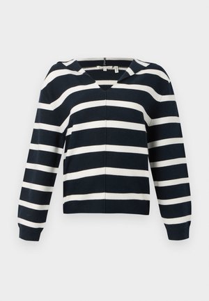Pulover s uzorkom prugastih u mornarsko plavoj i bijeloj boji, dizajn u obliku slova V, duge rukave, izrađen od mekanog materijala, s blagim opuštenim krojem i rebrastim manžetama.