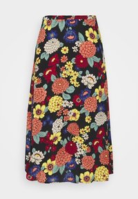 Sort blomster nederdel med en blanding af store og små blomster i rød, orange, gul, blå og hvid. Fremstillet af blødt stof med en glat tekstur.
