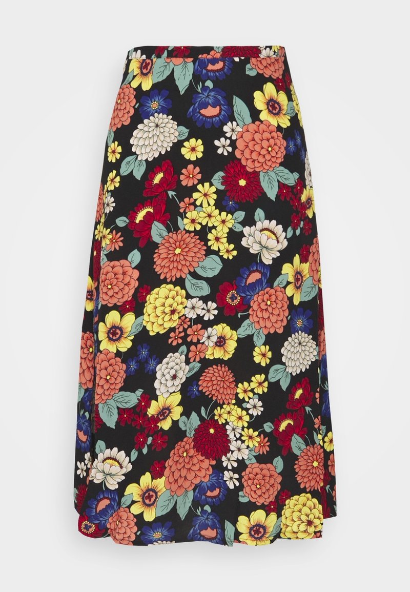 Sort blomster nederdel med en blanding af store og små blomster i rød, orange, gul, blå og hvid. Fremstillet af blødt stof med en glat tekstur.
