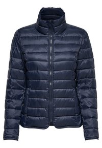 Giacca puffer blu navy realizzata in materiale lucido e trapuntato, con colletto alto e zip frontale. Presenta cuciture orizzontali e un design aderente.