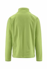 Pullover verde in fleece con collo alto e maniche lunghe. Presenta un design a cucitura piatta e una texture liscia. Senza loghi o motivi visibili.
