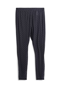 Sorte gennemsigtige leggings med små velour polkaprikker overalt og elastisk talje, lagt fladt på en hvid baggrund.