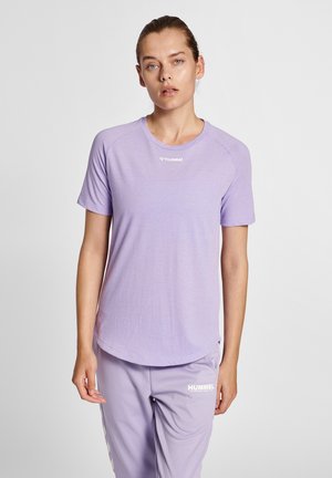 Light purple athletic t-shirt with short sleeves, round neckline, and textured fabric; features small white logo at the chest.
