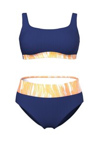 Marineblaues, geripptes Bikini-Set mit einem kurzes Oberteil und hochgeschnittenem Unterteil. Der Bund hat ein abstraktes Muster in Orange und Gelb.