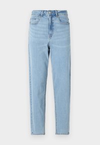 Svetlo modri jeans z visokim pasom, ravnim krojem, petimi žepi in subtilnimi šivi. Zaključeni z gumbom in zadrgo.