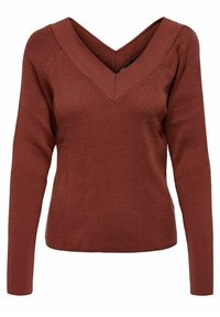 Sweter z długim rękawem w kolorze rdzy z dekoltem w kształcie litery V, o prążkowanej fakturze i dopasowanym kroju. Materiał wydaje się miękki i lekko elastyczny.