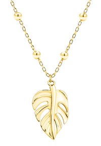 Guldhalsband med ett bladformat hänge med utskärningar, accentuerat av runda guldpärlor på en delikat kedja.