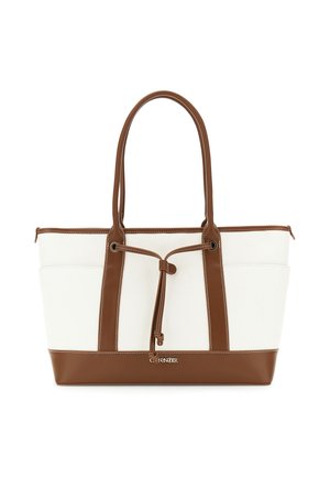 Witte en bruine draagtas met twee lange handvatten, voorzijde met koorddetail en een klein metalen logo onderaan in het midden.