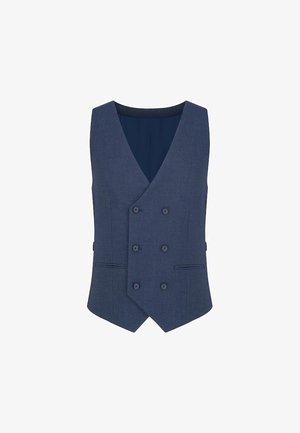 Granatowy, podwójnie zapinany kamizelka z dekoltem w serek, wykonana z teksturowanej tkaniny, z czterema guzikami i dwiema bocznymi kieszeniami.