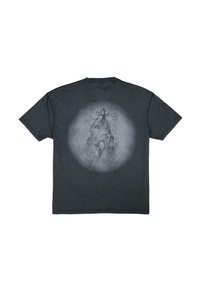 Dark gray T-shirt with a detailed monochrome graphic of a horned, armored figure holding a large weapon in a circular misty background at the back.