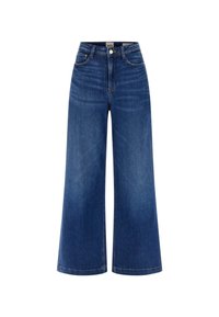 Jeans de tiro alto y pierna ancha en denim azul oscuro. Cuenta con cierre de botón y cremallera, diseño clásico de cinco bolsillos y dobladillo cosido.