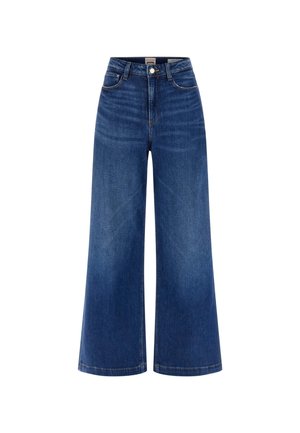 Jeans cu talie înaltă și croială largă, din denim de culoare albastru închis. Prezintă un sistem de închidere cu băta și fermoar, un design clasic cu cinci buzunare și tiv cusut.