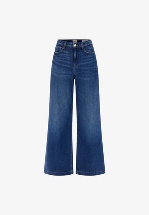 High-waisted, wide-leg jeans in dark blue denim. Features a button and zipper closure, classic five-pocket design, and stitched hem.