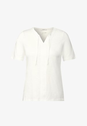 Weißes T-Shirt mit kurzen Ärmeln, V-Ausschnitt und Kordelzug. Weicher Stoff mit lockerer Passform, mit einer Mittelnaht vorne.