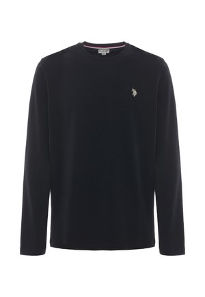 T-shirt a maniche lunghe di colore navy in cotone con colletto tondo, caratterizzato da un piccolo logo ricamato sul lato sinistro del petto e una superficie liscia.