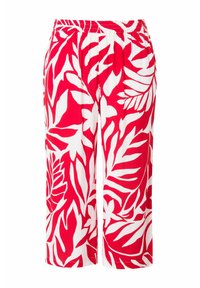 Rode en witte losse broek met een bloembladpatroon; elastische tailleband; lichtgewicht stof; cropped lengte.