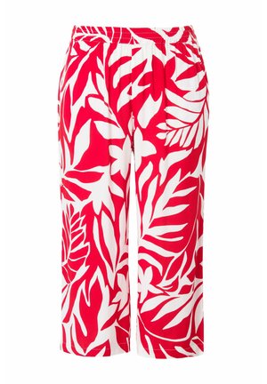Rote und weiße, lässig geschnittene Hose mit einem floralen Blattmuster; elastischer Bund; leichtes Material; cropped Länge.