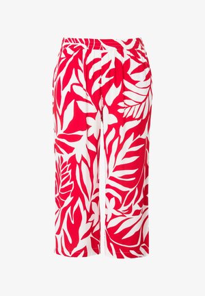 Rote und weiße, lässig geschnittene Hose mit einem floralen Blattmuster; elastischer Bund; leichtes Material; cropped Länge.