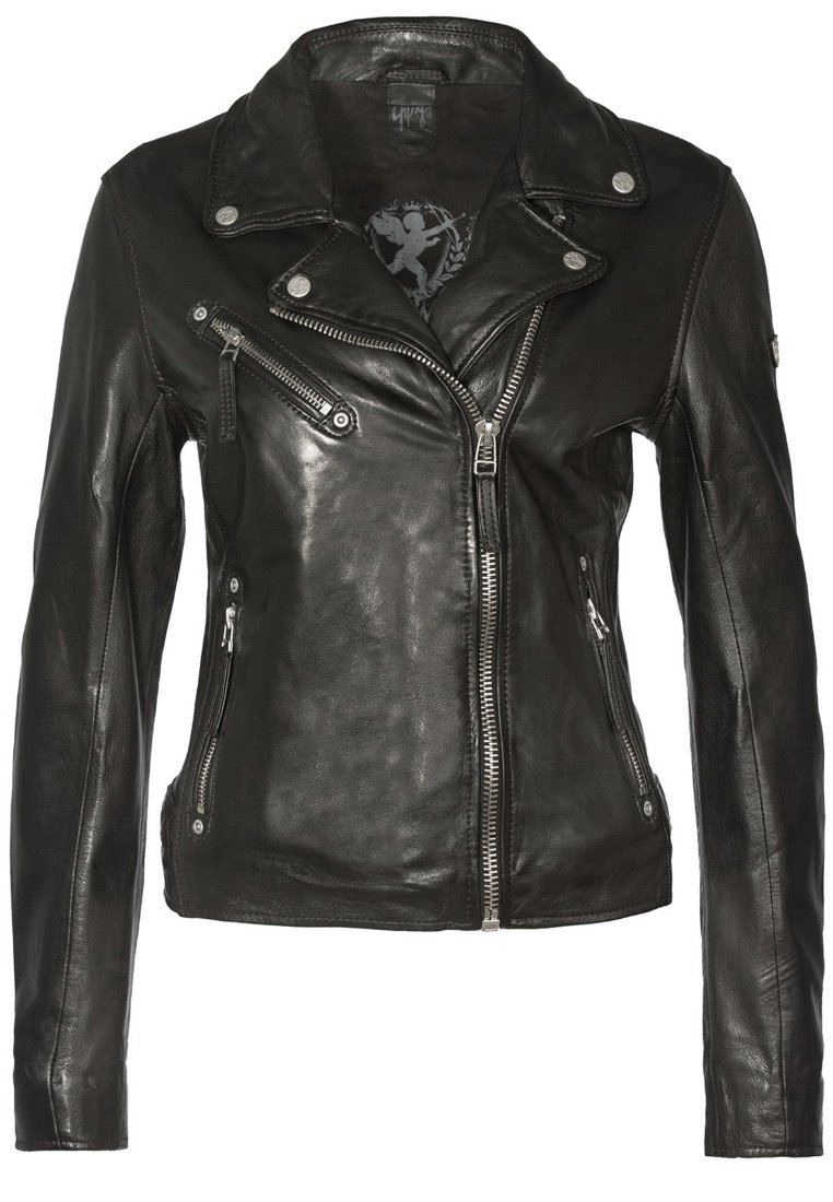 Zwarte leren motorjas met een getailleerd ontwerp, opvallende ritsen aan de voorkant en zijzakken, en een kraag met uitsparing.