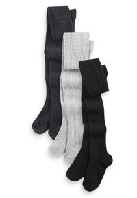 Set di tre paia di calze: nere a coste, grigie scuro a treccia testurizzata e grigie chiare lisce. Ognuna presenta un colore uniforme e motivi diversi.