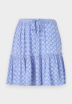 Jupe bleue à motif avec une taille élastique, design à volants et motifs floraux blancs. Fabriquée en tissu léger avec une texture douce.