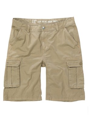 Beige cargo shorts valmistettu kevyestä kankaasta, jossa on useita suuria taskuja, napitus ja hienovarainen ribbikuvio.