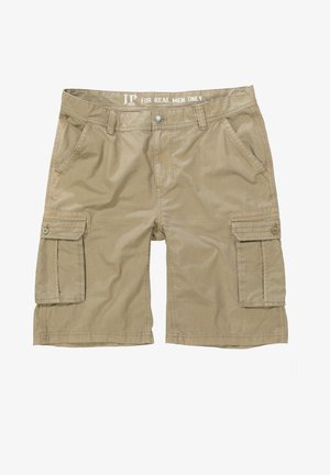 Beige Cargo-Shorts aus leichtem Material, mit mehreren großen Taschen, einem Knopfverschluss und einer dezenten gerippten Oberfläche.