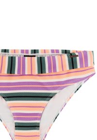 Gestreepte bikinibroek in paars, oranje, groen en wit met een gestructureerde stof en een klein metalen merkembleem op de tailleband.