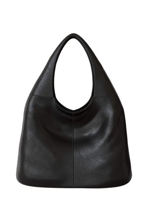 Black leather shoulder bag with wide strap and subtle texture, featuring rounded bottom and central seam down front.