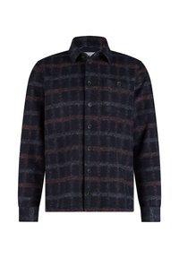 Overhemd met knoopsluiting van geweven stof, gekenmerkt door een donker geruit patroon met rode accenten, lange mouwen en een borstzak.