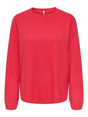 Red long-sleeve sweatshirt made from soft fabric, featuring a crew neckline and relaxed fit, with ribbed cuffs and hem.