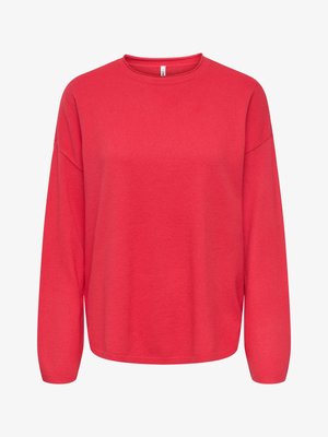 Red long-sleeve sweatshirt made from soft fabric, featuring a crew neckline and relaxed fit, with ribbed cuffs and hem.