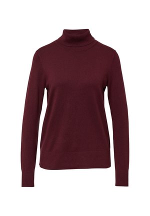 Burgunderfarbener Rollkragenpullover aus weichem, feinem Strickmaterial. Verfügt über lange Ärmel und eine figurbetonte Silhouette mit gerippten Akzenten am Kragen und Saum.