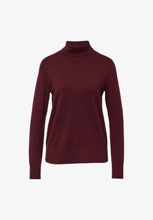 Burgundy turtleneck sweater made of soft, fine-knit material. Features long sleeves and a fitted silhouette with ribbed accents at the collar and hem.
