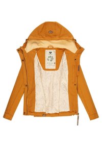 Žluto-oranžová bunda s kapucí, s krémovým podšívkou s vzory listů a štítkem uvnitř. Zapínání na zip a cvoky.