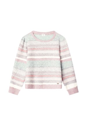 Langärmeliger Strickpullover mit horizontalen Streifen in Pastellrosa, Grau, Weiß und Hellblau, mit rundem Ausschnitt sowie gerippten Bündchen und Saum.