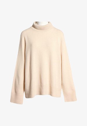 Jersey de cuello alto color crema con mangas largas y puños, dobladillo y cuello acanalados, exhibido en un maniquí sin cabeza.