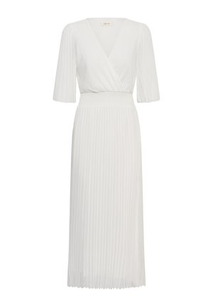 Fehér midi ruha pliszírozott szoknyával, ráncolt derékkal, átlapolt V-nyakú felsőrésszel és könyékig érő pliszírozott ujjakkal.